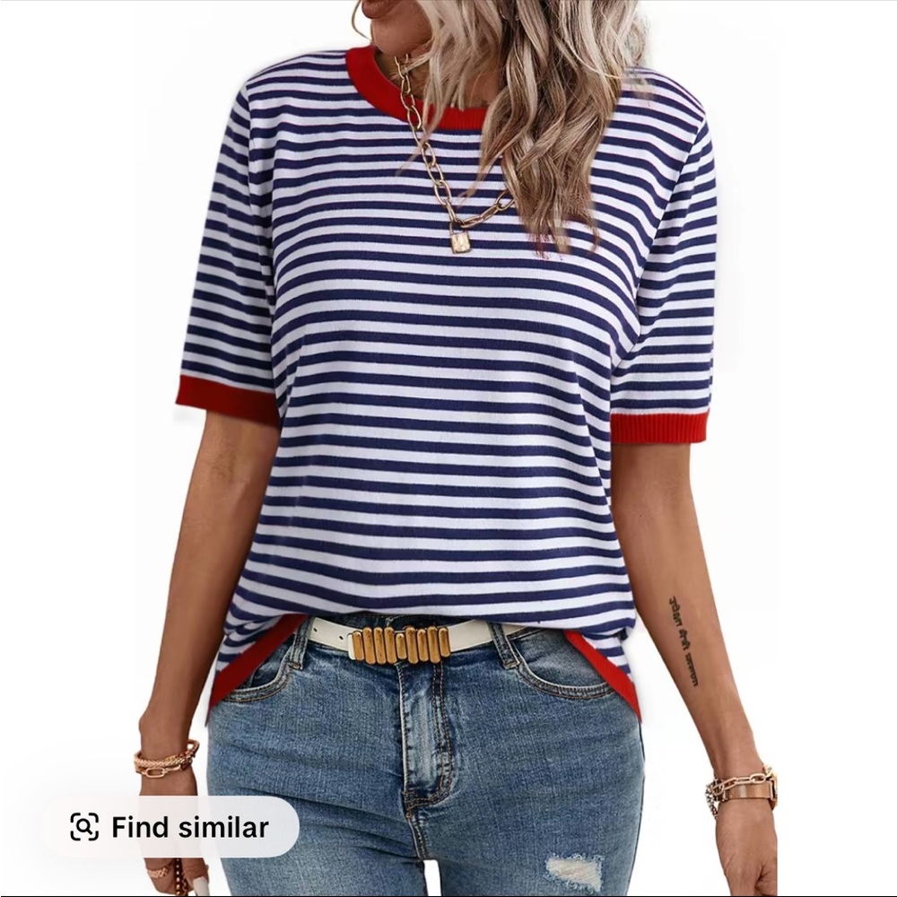 Nautical Striped Short Sleeve Top with Red Trim - Picture 4 of 9